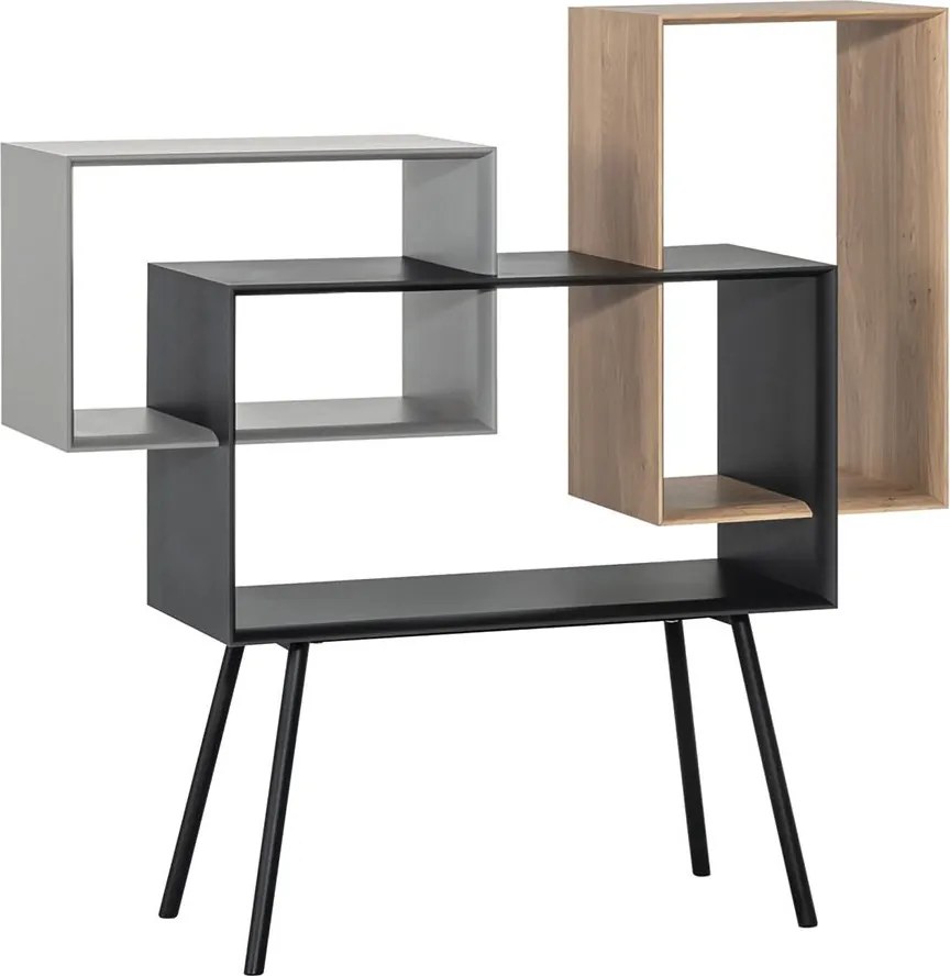 Etajeră lemn masiv gri KUADRAT – design geometric în stejar grafit și