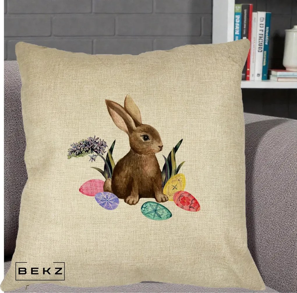 Perna Decorativa Iepuras cu Oua de Pasti Acuarela, 40x40 cm, Crem, Husa Detasabila, Perna Inclusa, BEKZ®
