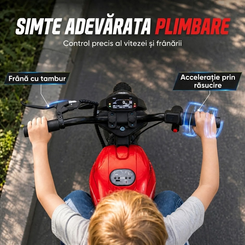 AIYAPLAY Motocicletă electrică de cross pentru copii, stil Harley, 24V, 6-12 ani, anvelope din cauciuc 30 cm, roșie | Aosom Romania