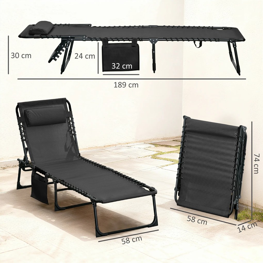 Outsunny Portable Sun Lounger, Folding Chaise Recliner, 5-Position Adjustable Cot, Black | Aosom Romania