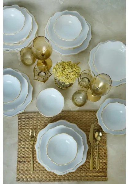 Set de masă 24 piese alb/auriu/ceramică vitrificată