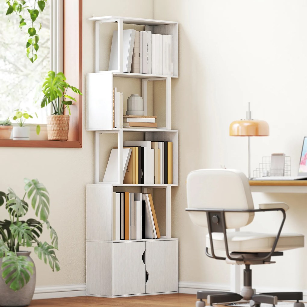 HOMCOM Bibliotecă Modernă cu 5 Rafturi și Dulăpior cu 2 Uși din Lemn Alb | Aosom Romania