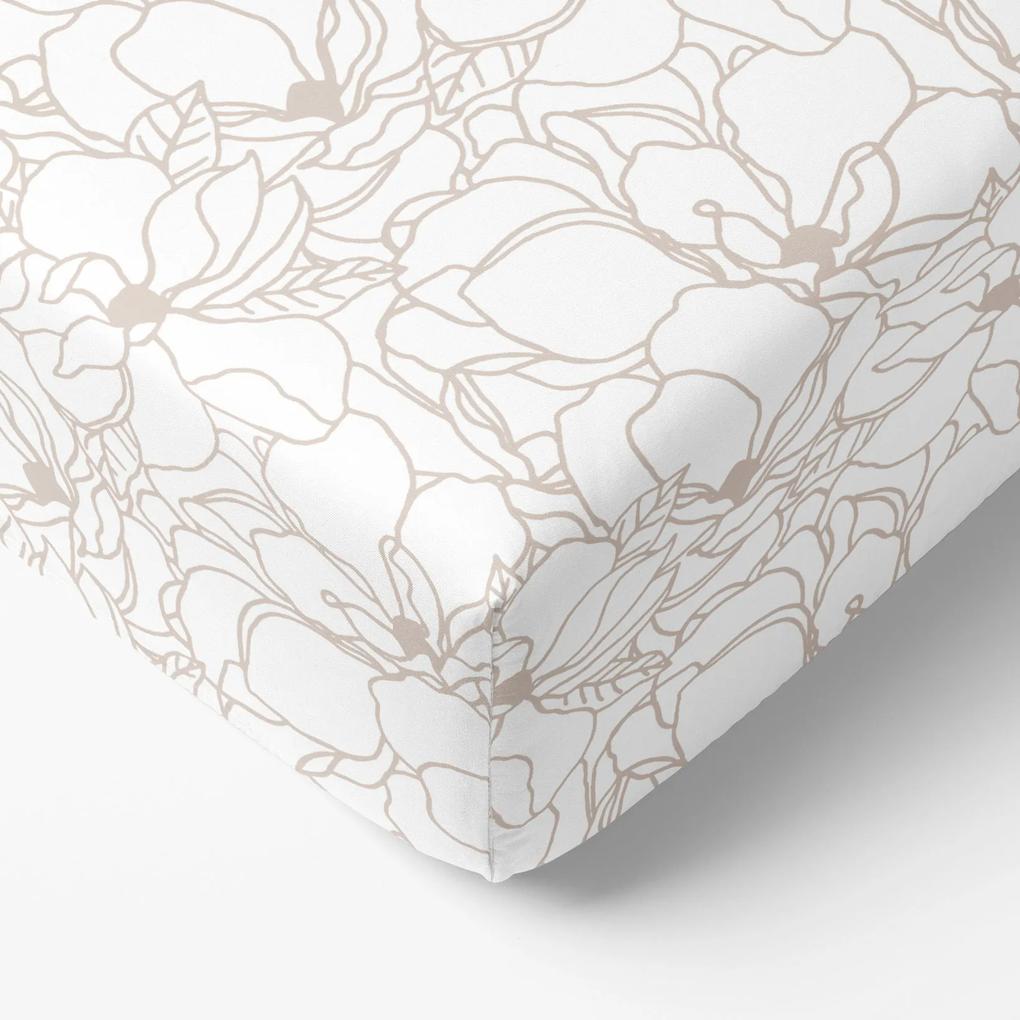 Goldea cearceaf de pat bumbac 100% cu elastic - flori bej deschis pe alb 80 x 160 cm