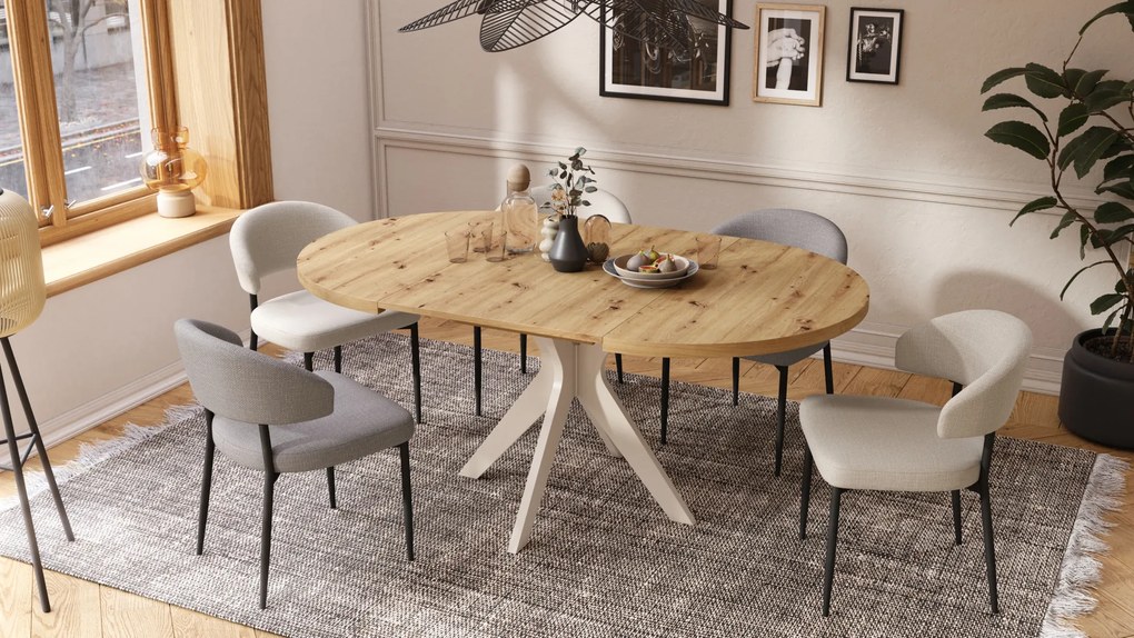 Mazzoni RENZO Stejar Artisan/picior bej (șampanie) - MASĂ ROTUNDĂ Ø110 EXTENSIBILĂ PÂNĂ LA 180 cm | PENTRU BUCĂTĂRIE SUFRAGERIE LIVING