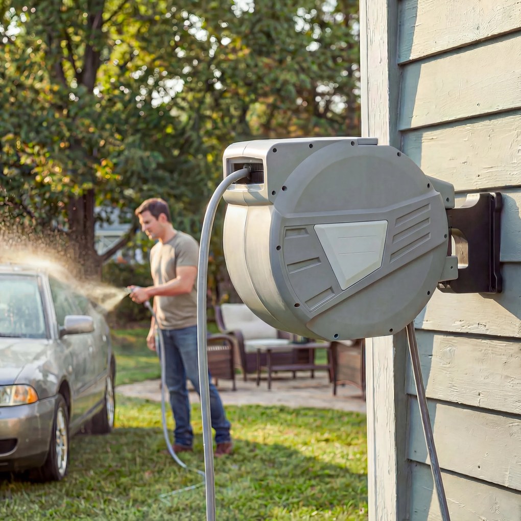 Outsunny Tambur furtun de perete 40+2 m x Ø 15mm, tambur pentru furtun de apă retractabil automat pivotant la 180°, Gri | Aosom Romania