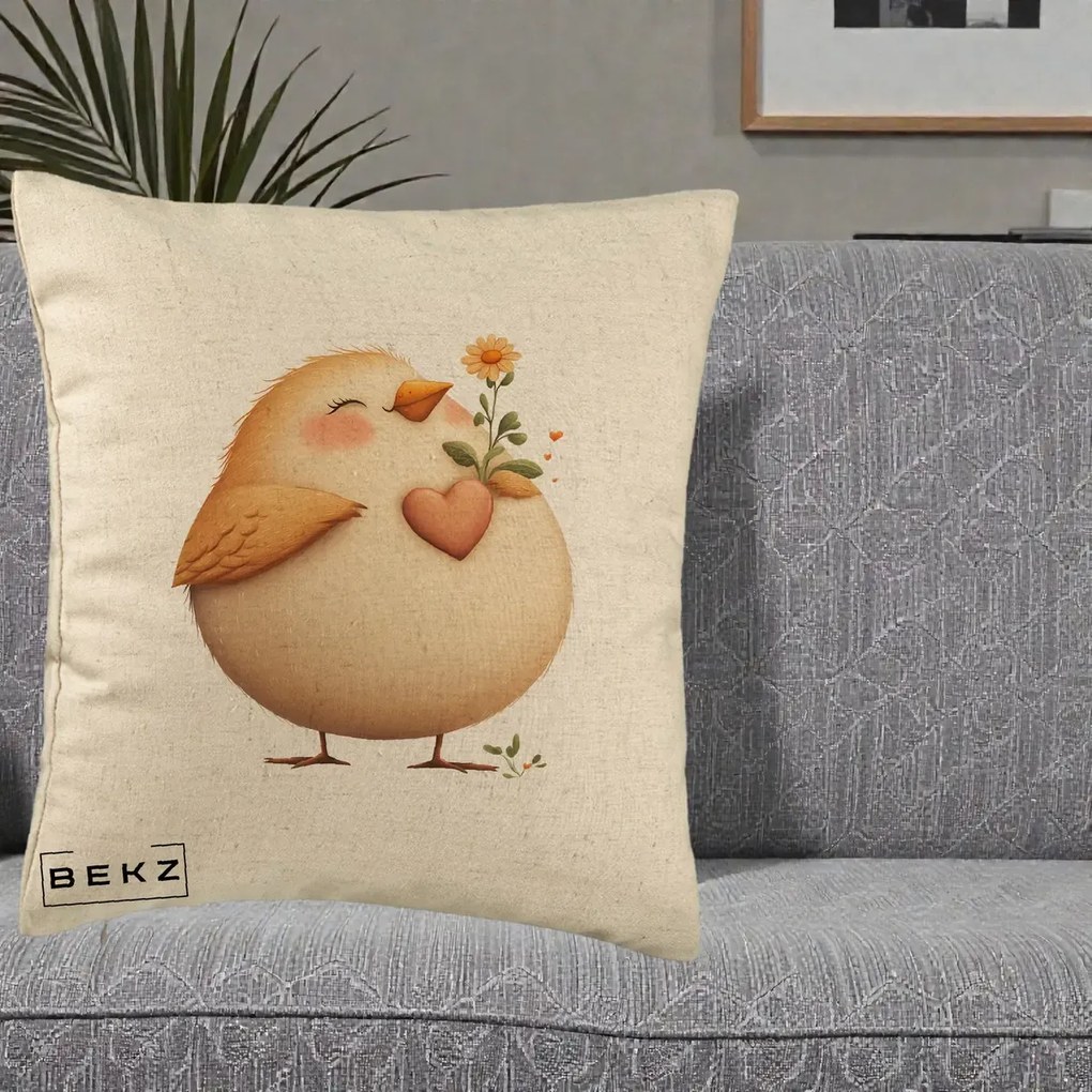 Perna Decorativa Pui cu Inima si Floarea-Soarelui, 40x40 cm, Bej, Husa Detasabila, Perna Inclusa, BEKZ®