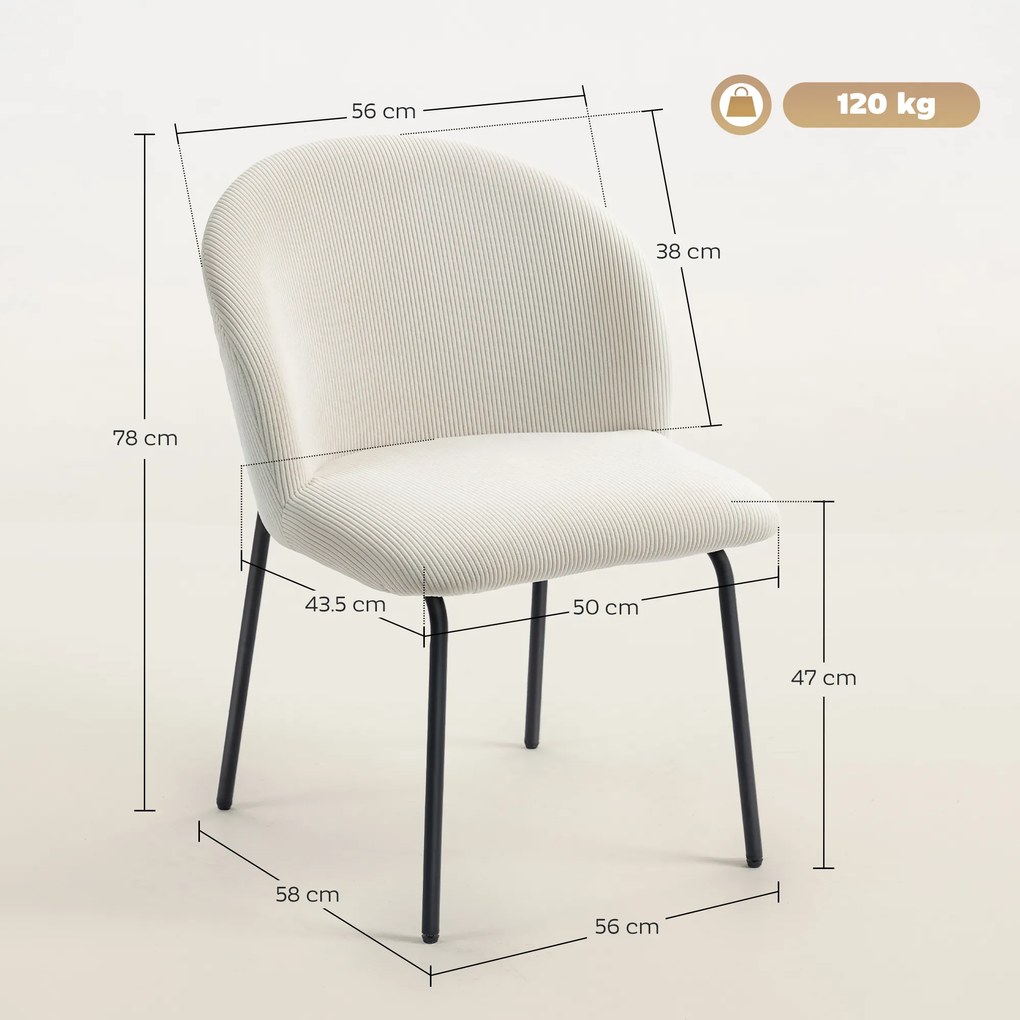 HOMCOM Set de 2 scaune de sufragerie din catifea canaletată, scaune de bucătărie cu picioare din oțel, 56x58x78cm, crem | Aosom Romania