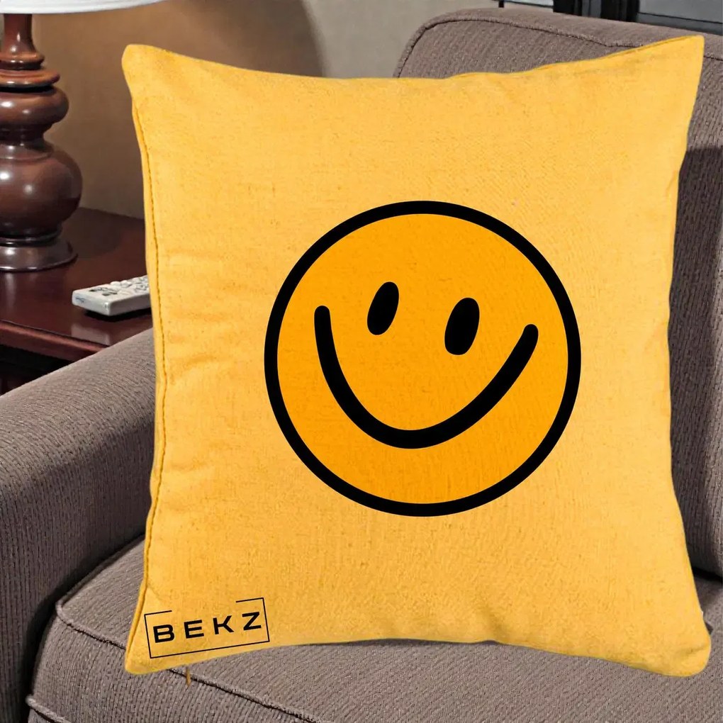Perna Decorativa Smiley Face Galben Clasic, 40x40 cm, Galben, Husa Detasabila, Perna Inclusa, BEKZ®
