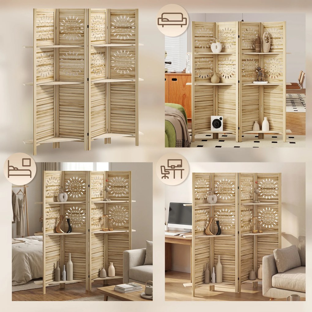 HOMCOM Paravan interior 4 panouri și 3 rafturi, 160 x 170 cm, separator de cameră pliabil, lemn de paulownia, lemn natural | Aosom Romania