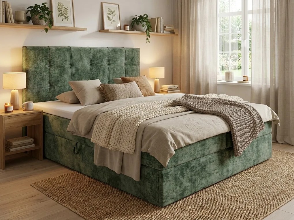 Pat boxspring tapitat DIRELIS VIBE 180x200 cm verde inchis Saltea: Saltea cu arcuri Bonell