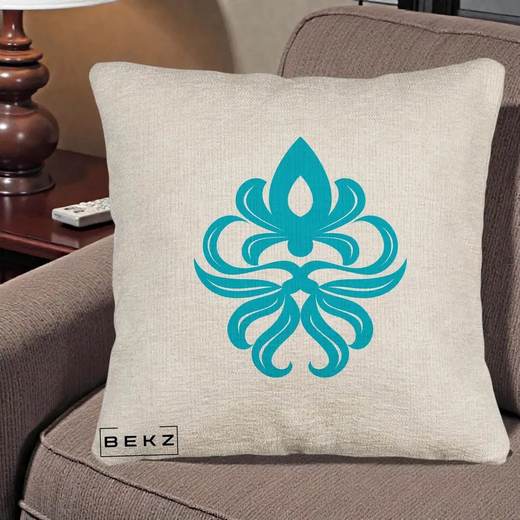 Perna Decorativa Ornament Turcoaz Fleur de Lis, 40x40 cm, Bej Canapea, Husa Detasabila, Perna Inclusa, BEKZ®