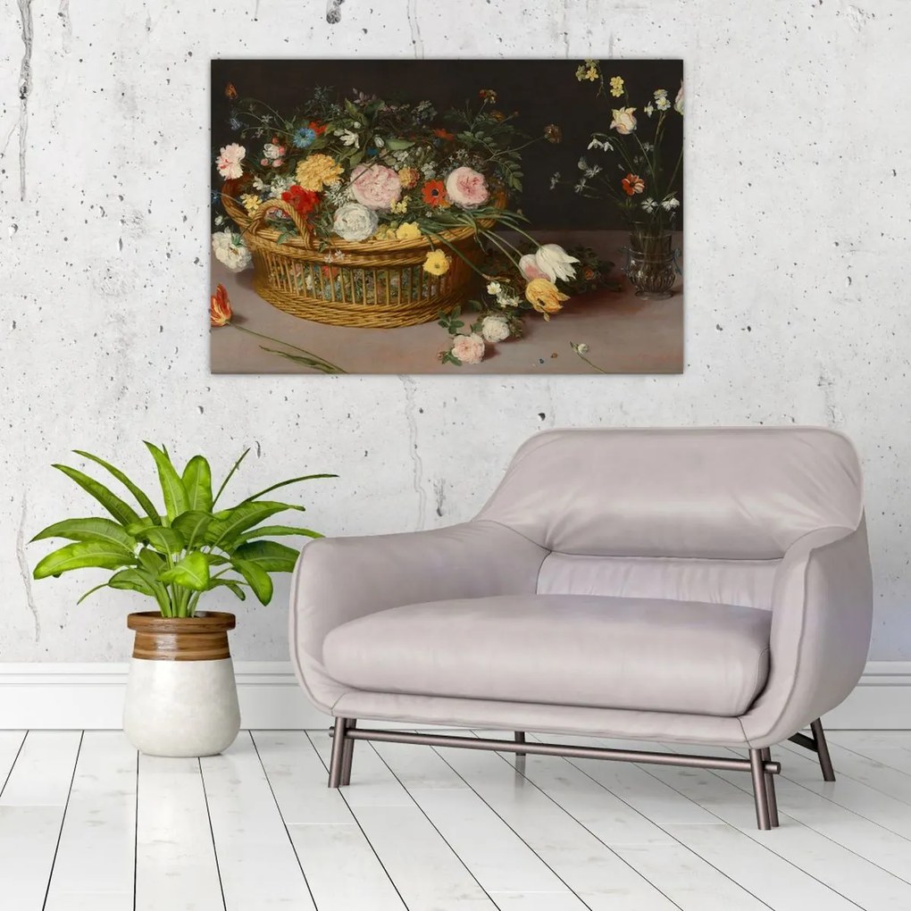 Tablou - Jan Brueghel the Elder, Flowers in a Basket and a Vase, reproducere (90x60 cm)