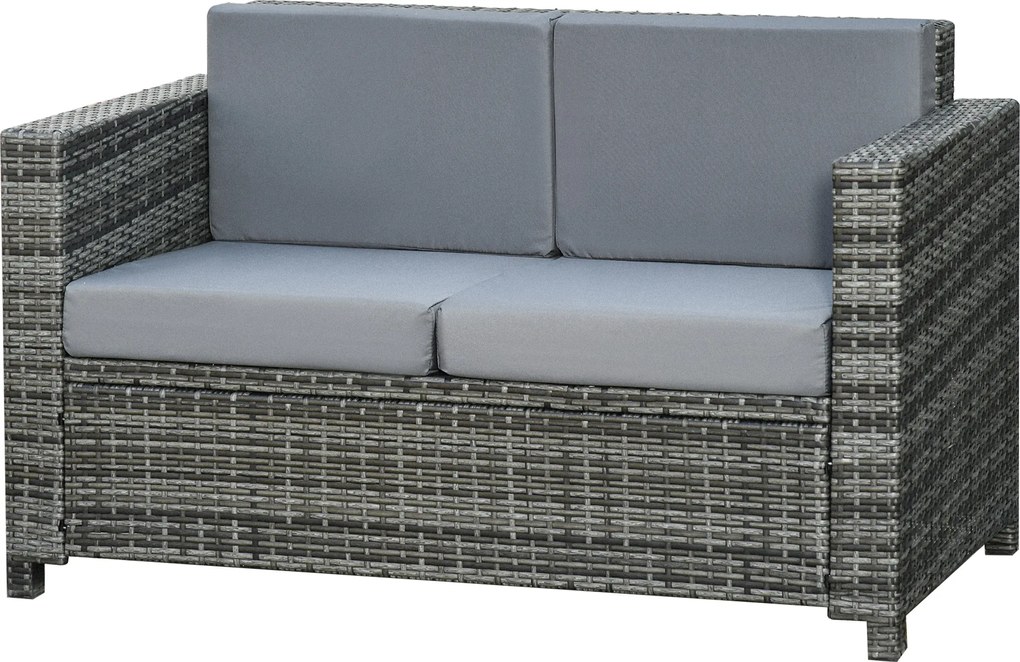 Canapea Outsunny din poly-rattan cu perne, canapea lounge de grădină 2 locuri metal poliester gri 130 x 70 x 80 cm | Aosom Romania
