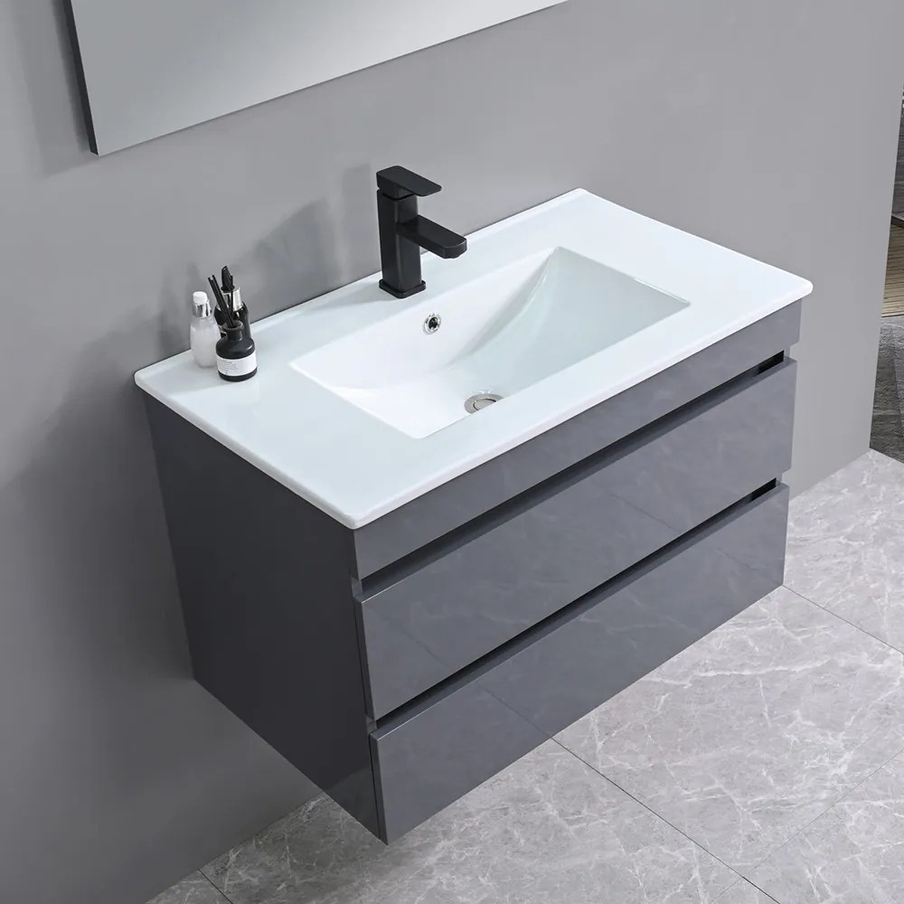 Mobilier de baie Cube, chiuvetă ceramică 80 cm, oglindă cu 2 sertare, 60x80 cm, gri antracit