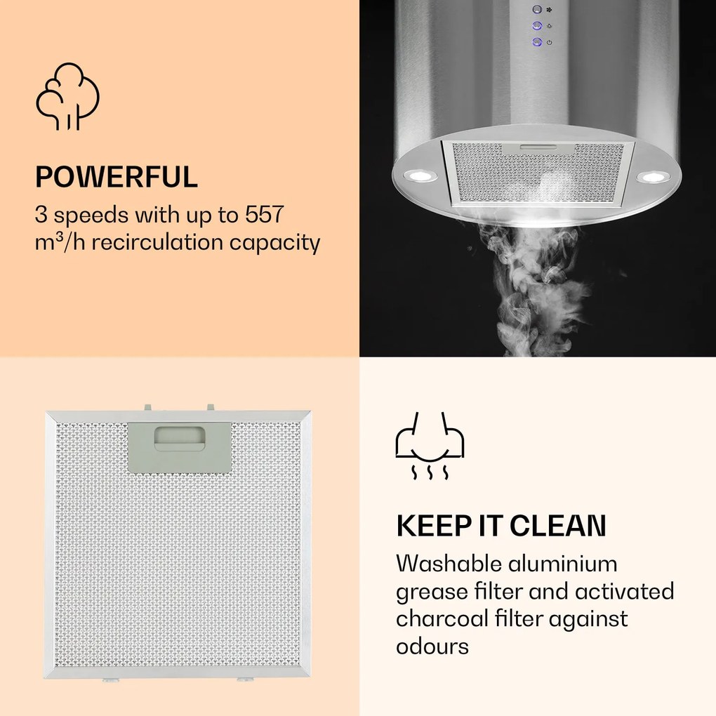Klarstein Barella, hotă, 35 x 93 x 43 cm, recirculare, 557 m³/h, LED
