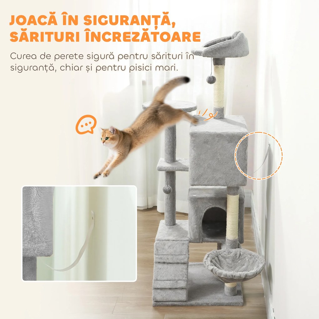 PawHut Arbore de Zgâriat pentru Pisici Înalt de 160 cm cu 2 Căsuțe, Hamac, Pat și Stâlpi din Sisal, Gri | Aosom Romania