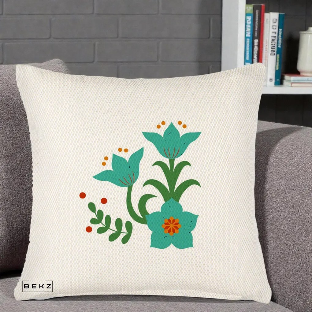 Perna Decorativa Flori Stilizate Folk Turcoaz, 40x40 cm, Crem Reliefat, Husa Detasabila, Perna Inclusa, BEKZ®