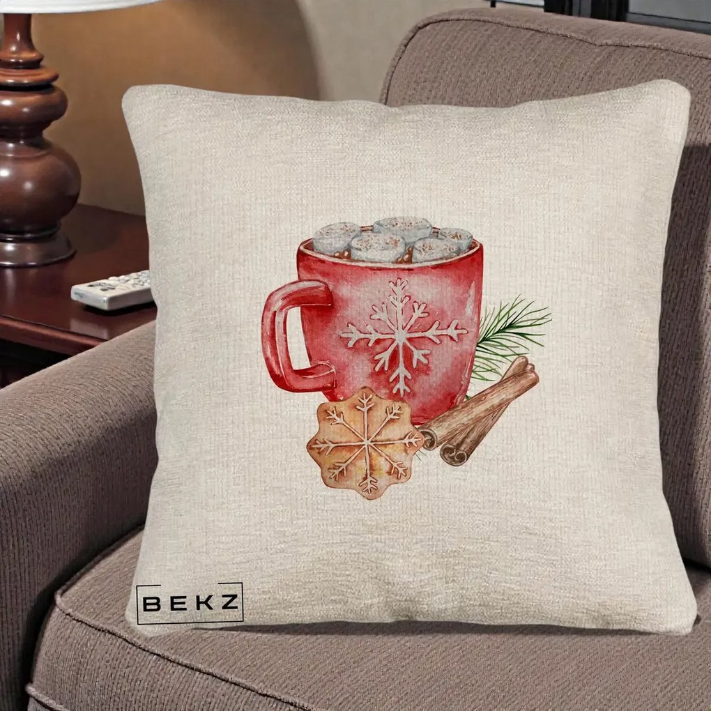 Perna Decorativa Cacao de Iarna cu Biscuit, 40x40 cm, Bej Canapea, Husa Detasabila, Perna Inclusa, BEKZ®