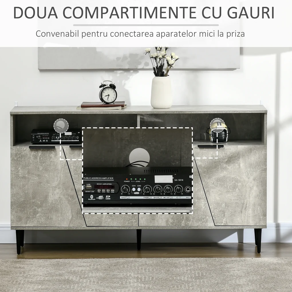 HOMCOM Bufeta moderna cu dulapuri cu 2 usi si rafturi reglabile, dulap pentru bucatarie si living cu efect de marmura, gri | AOSOM RO