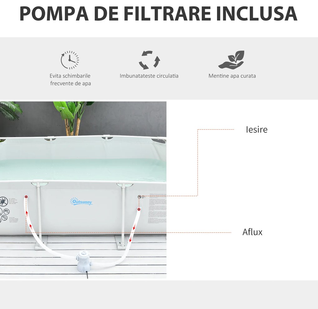 Outsunny Piscină de Grădină cu Filtru din Oțel/PVC 292x190x75cm Gri Spațioasă și Rezistentă Ideală pentru Relaxare în Familie | Aosom Romania