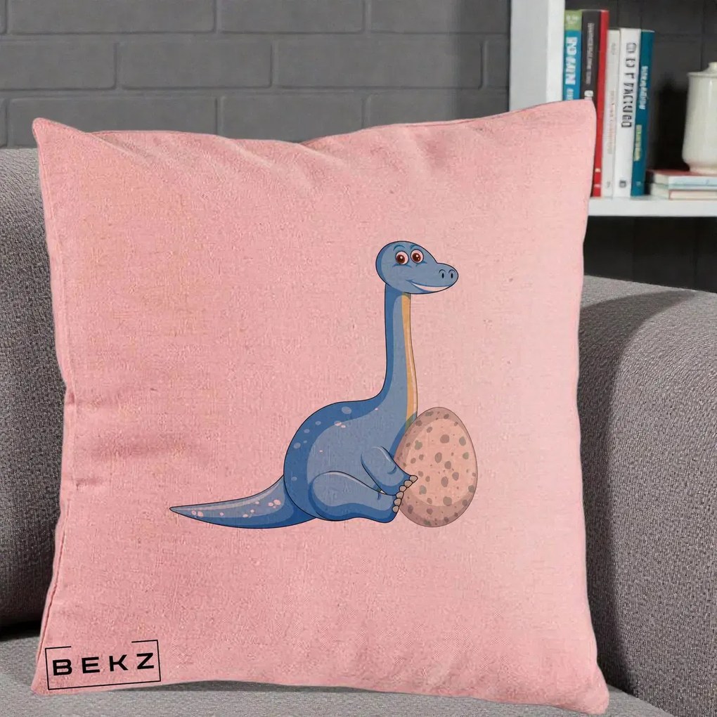 Perna Decorativa Brontosaur cu Ou, 40x40 cm, Roz, Husa Detasabila, Perna Inclusa, BEKZ®