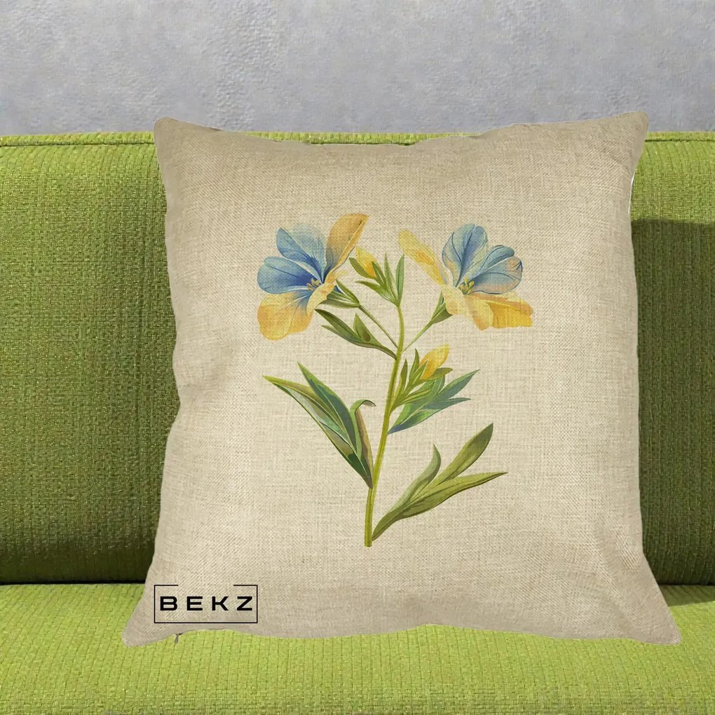 Perna Decorativa Botanica Frezie Galbena si Albastra, 40x40 cm, Crem, Husa Detasabila, Perna Inclusa, BEKZ®