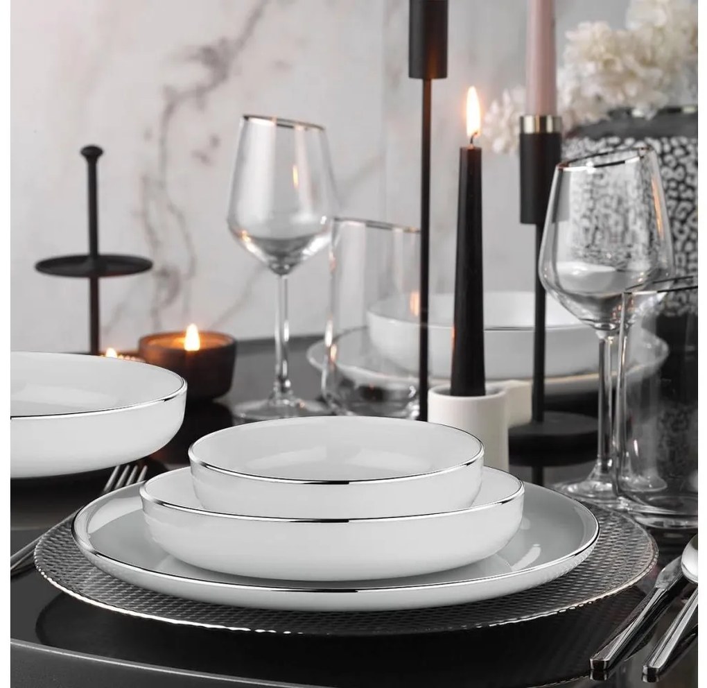 Set de veselă, 18 piese, porțelan, alb/argintiu