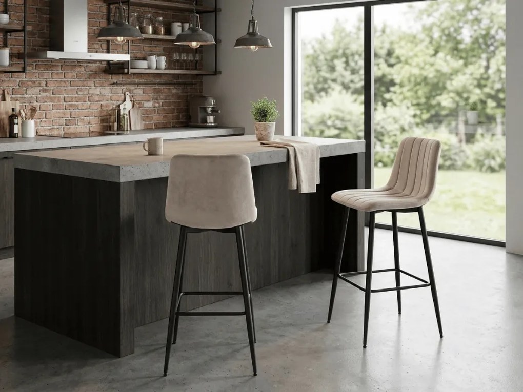 Scaun de bar POZZA VELVET cu picioare negre, bej