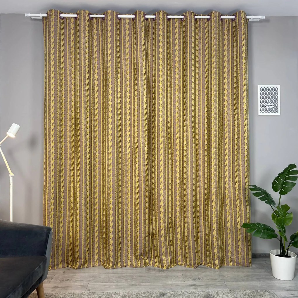 Set două Draperii (Blackout), din Jacquard + Stofă premium (Model texturat), Gata lucrate (Inele galerie), Culoare Galben + Mov, Dimensiuni draperie 160x260 cm (x2), Brand Originalio