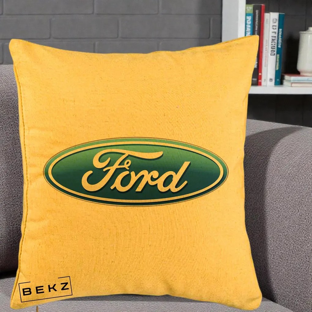 Perna Personalizata cu emblema Ford, 40x40 cm, Galben, Husa Detasabila, Perna Inclusa, BEKZ®