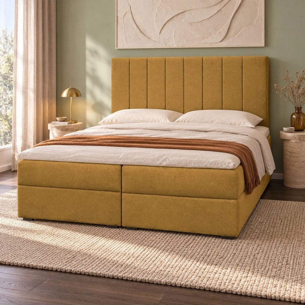 Pat boxspring din catifea Novella cu ladă 160×200 cm, galben muștar