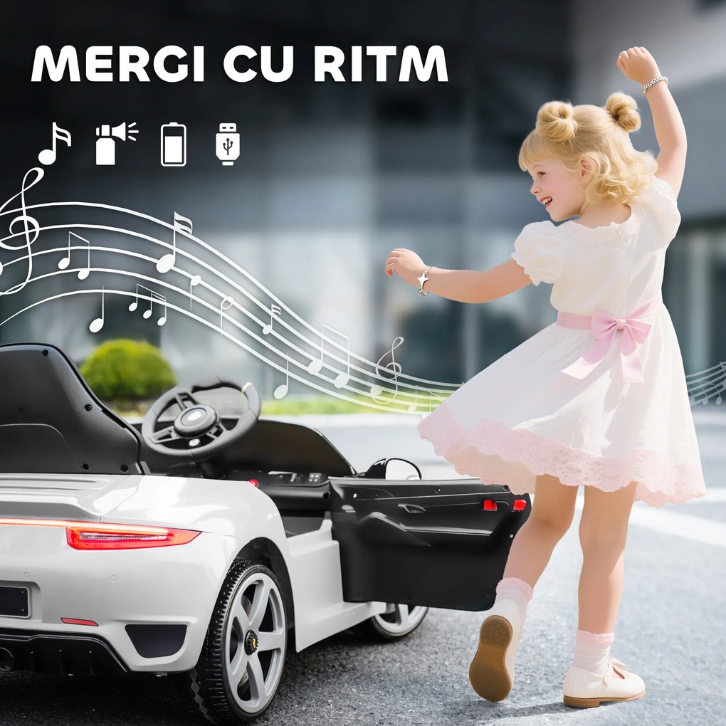 AIYAPLAY Mașină pentru Copii 3-5 Ani cu Licență Oficială RUF GT, Telecomandă, Centură de Siguranță și Muzică, Alb | Aosom Romania