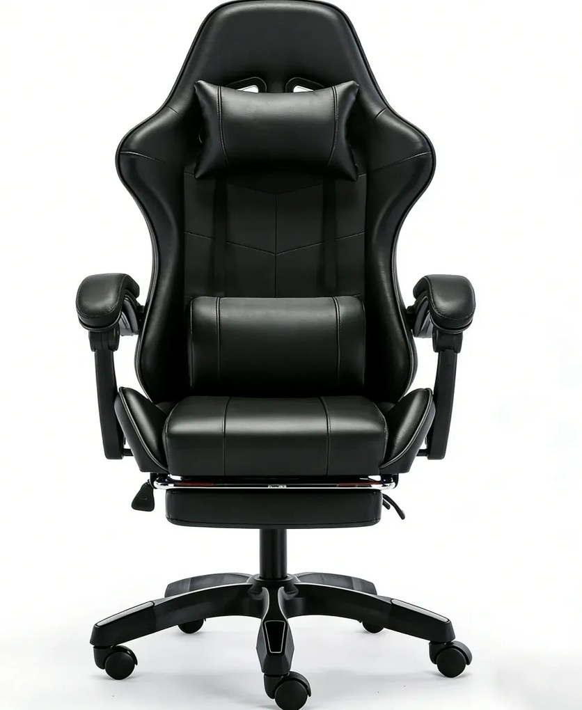 Scaun gaming, Masaj în perna lombară, Rabatabil 90-145°, Suport picioare, piele PU, Negru