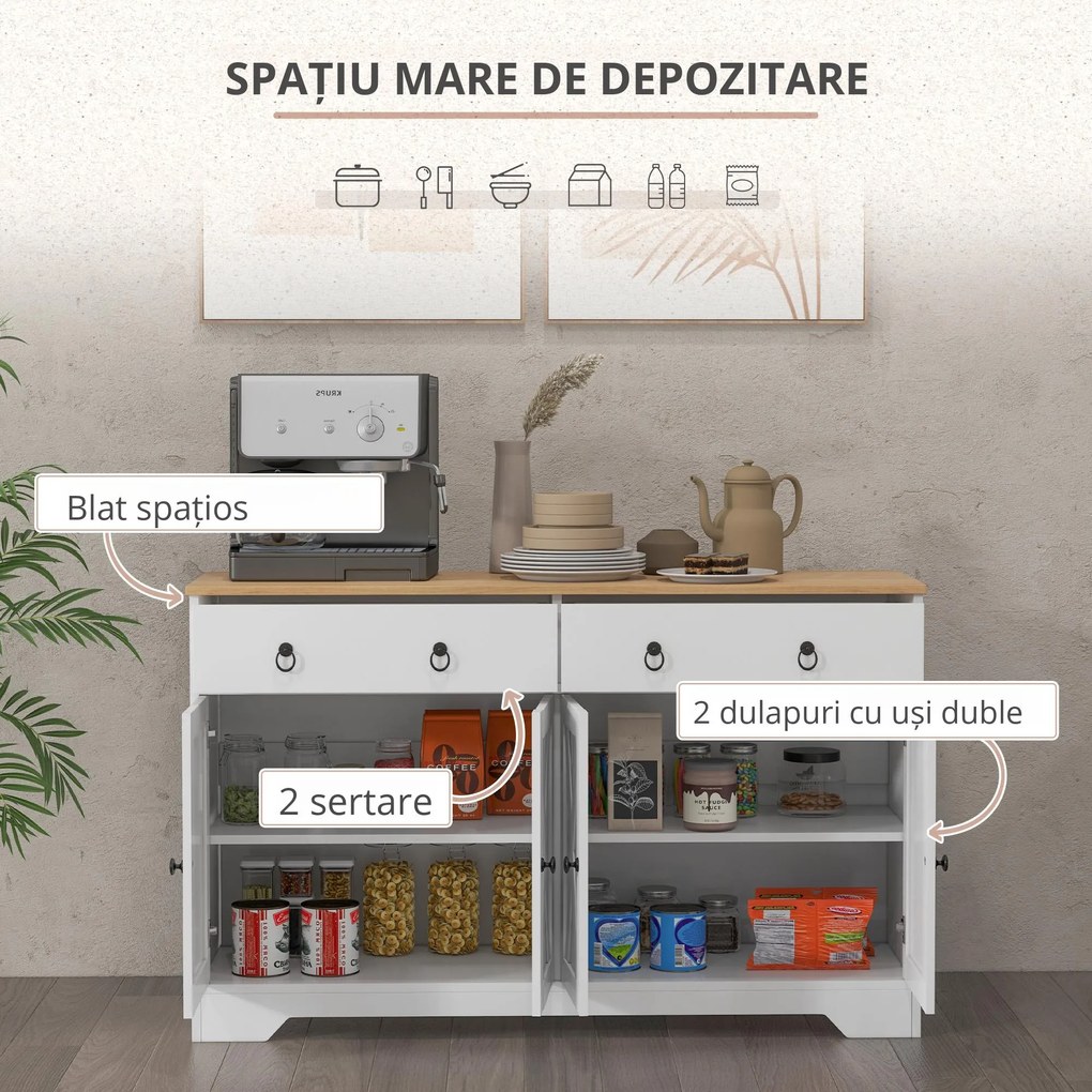 HOMCOM Bufet mobilier de depozitare dulap de bucătărie stil rustic 2 sertare și 2 dulapuri rafturi la înălțimi reglabile alb | Aosom Romania