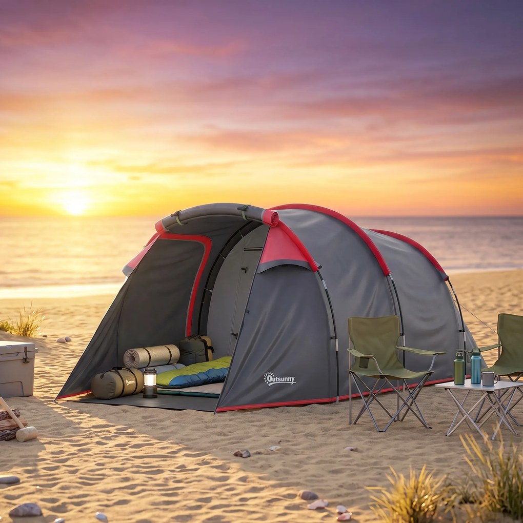 Outsunny Cort pentru Camping 2 Locuri cu Vestibul Mare, Cort Impermeabil Usi cu Fermoar, 426x206x154cm Gri | Aosom Romania