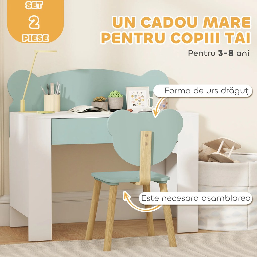 AIYAPLAY Set Birou cu Sertar și Scaun Ursuleț pentru Copii 3-8 Ani Verde | Aosom Romania
