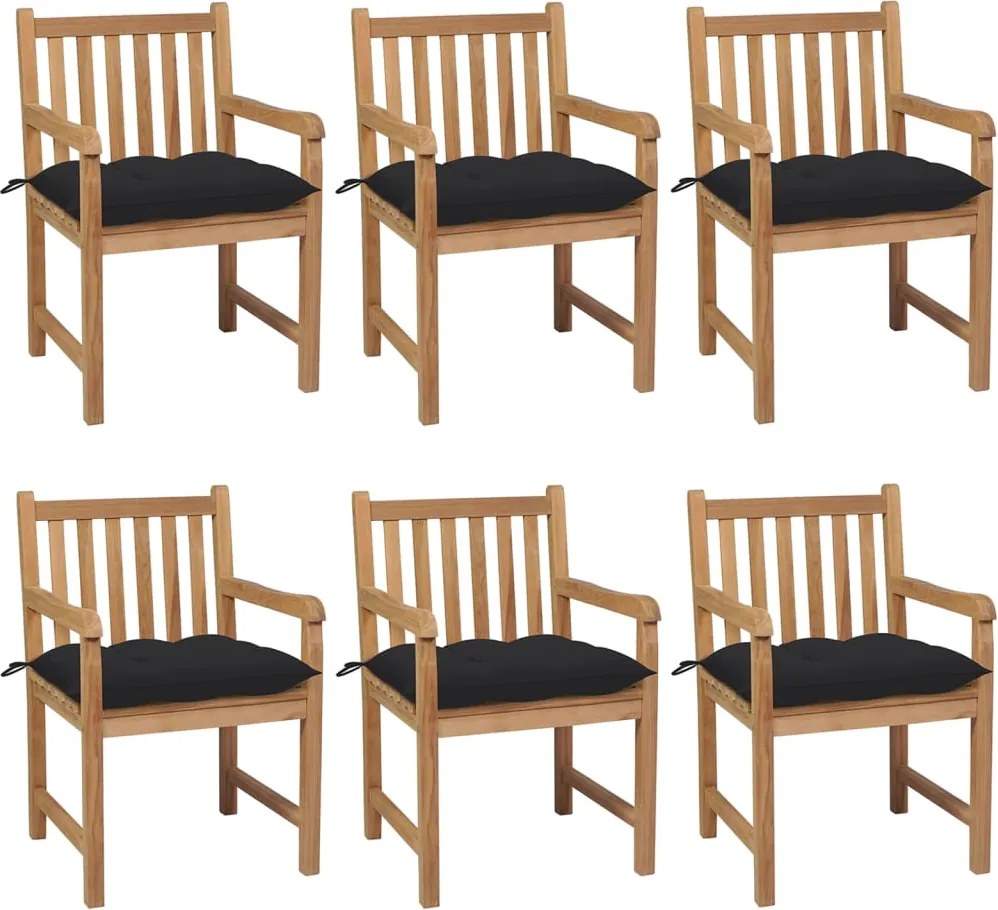 vidaXL Scaune de grădină cu perne negre, 6 buc., lemn masiv de tec