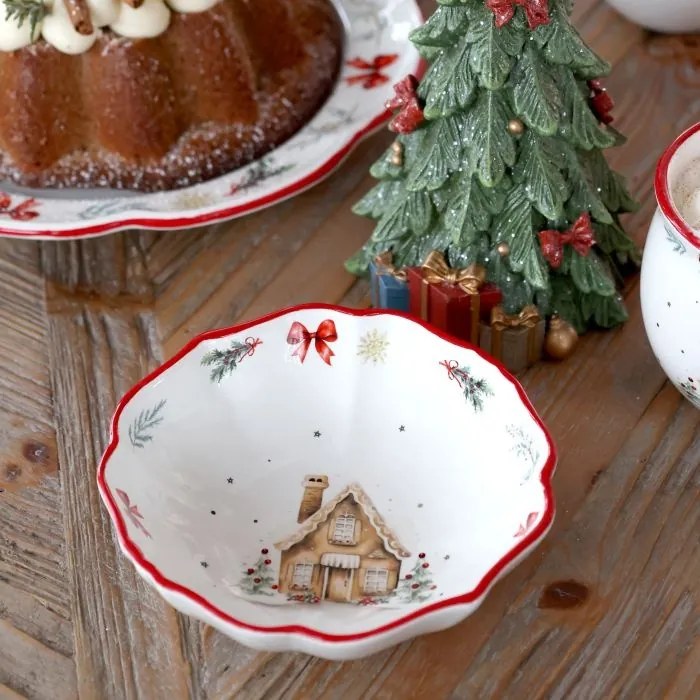 Bol din ceramică albă cu motive de Crăciun, 4.5x14 cm, „Chalet de Noël"