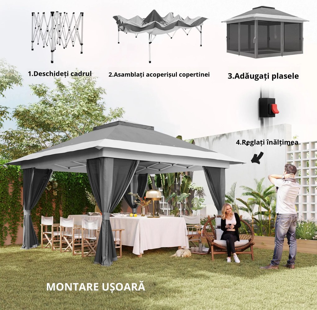Outsunny Pavilion Pliabil cu Pereți din Plasă, Înălțime Reglabilă și Protecție UV, 356x356x280 cm, Gri | Aosom Romania