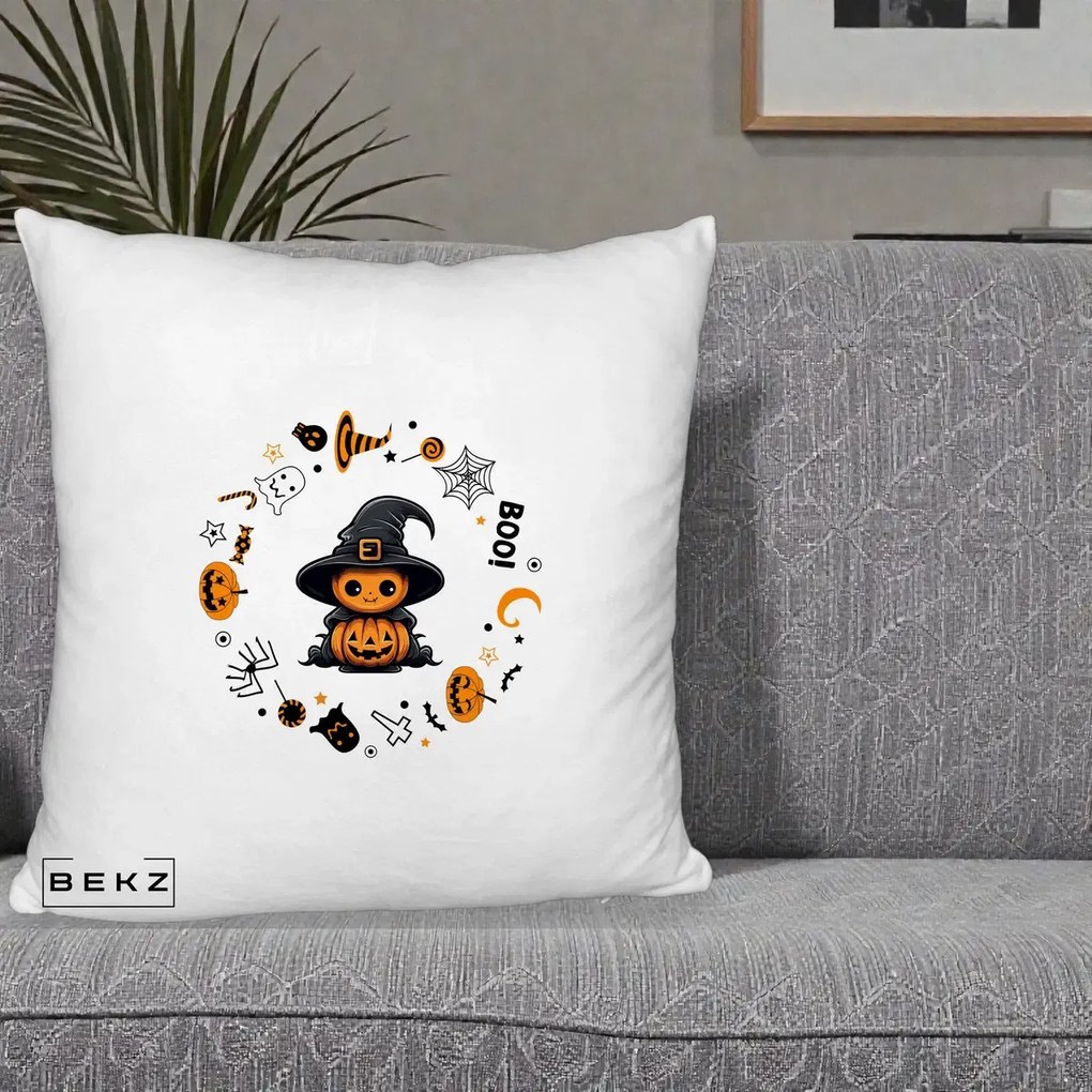 Perna Decorativa Halloween Dovleac Vrajitor Boo cu Simboluri, 40x40 cm, Alb Pufos, Husa Detasabila, Perna Inclusa, BEKZ®