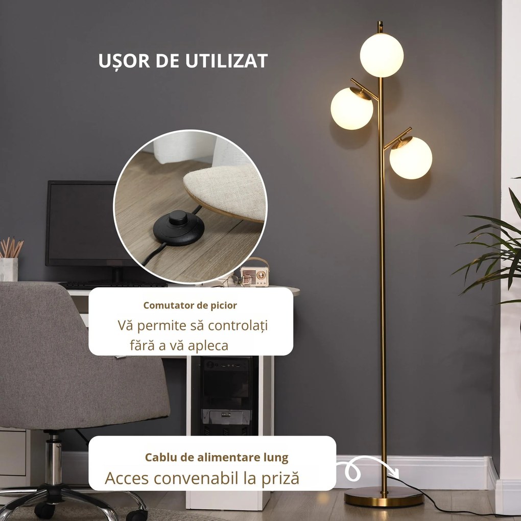 Homcom Lampă de Podea Modernă cu 3 Lumini, Design din Oțel și Sticlă, Ø27x169cm, Finisaj Auriu și Abajur Alb, pentru Interior | Aosom Romania