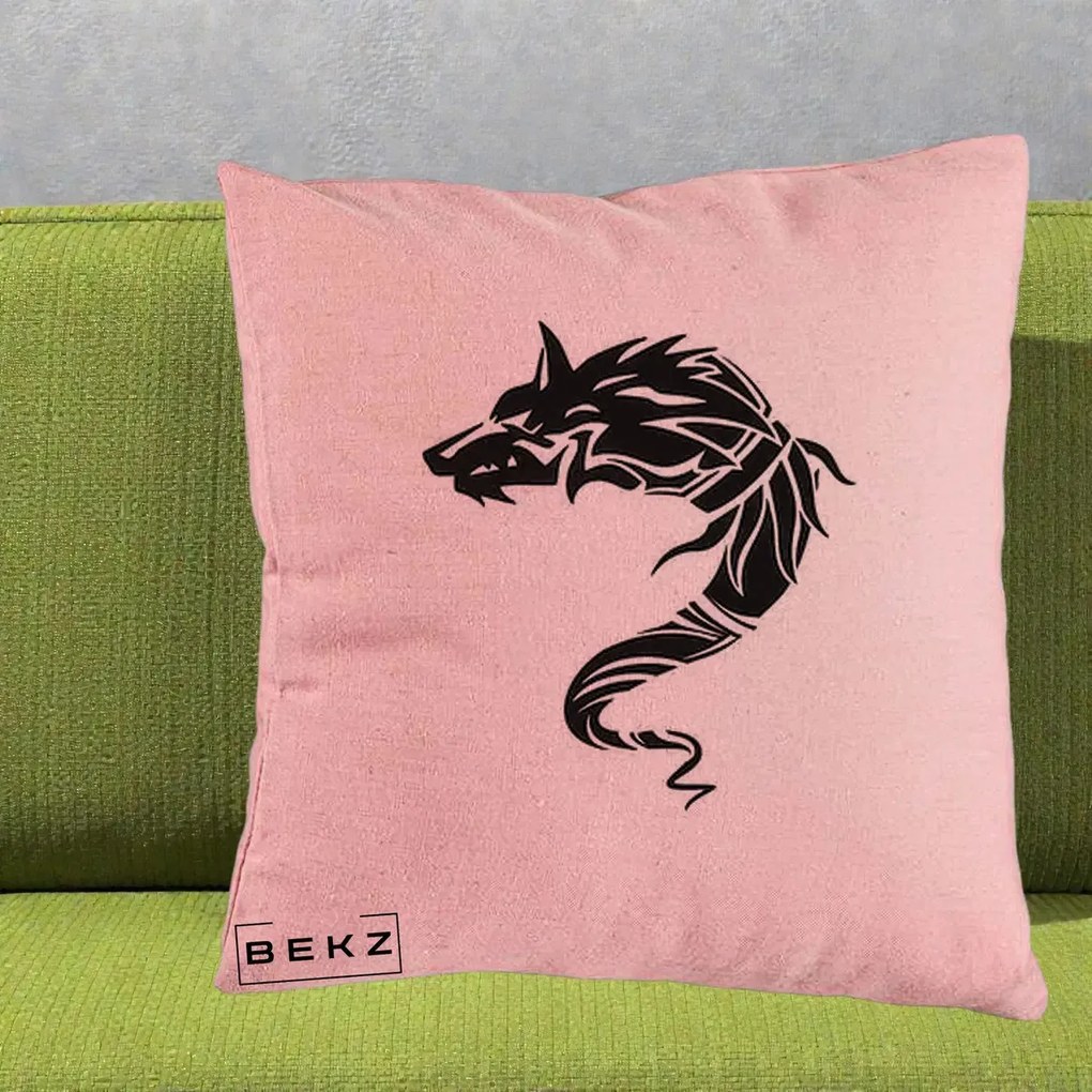 Perna Decorativa Lup Tribal Alb-Negru, 40x40 cm, Roz, Husa Detasabila, Perna Inclusa, BEKZ®