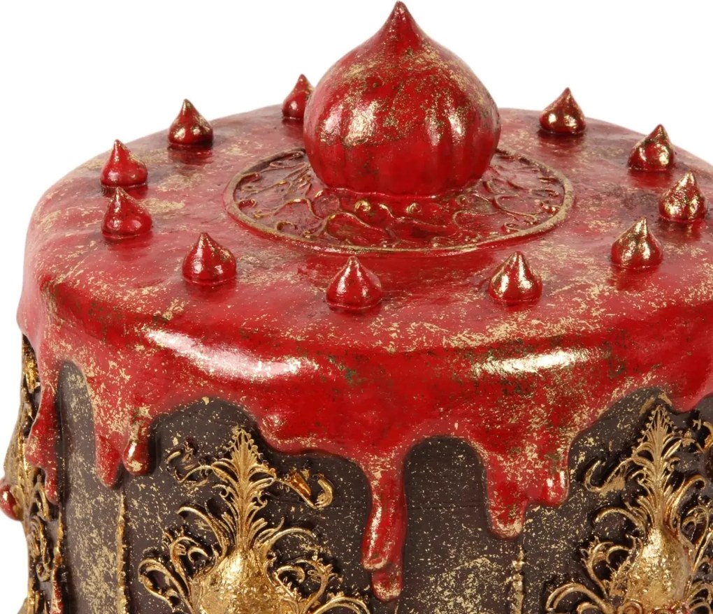 Tort decorativ din polirășină, maro și roșu, cu glazură roșie și ornamente aurii, 20 x 21 cm, „Praline”