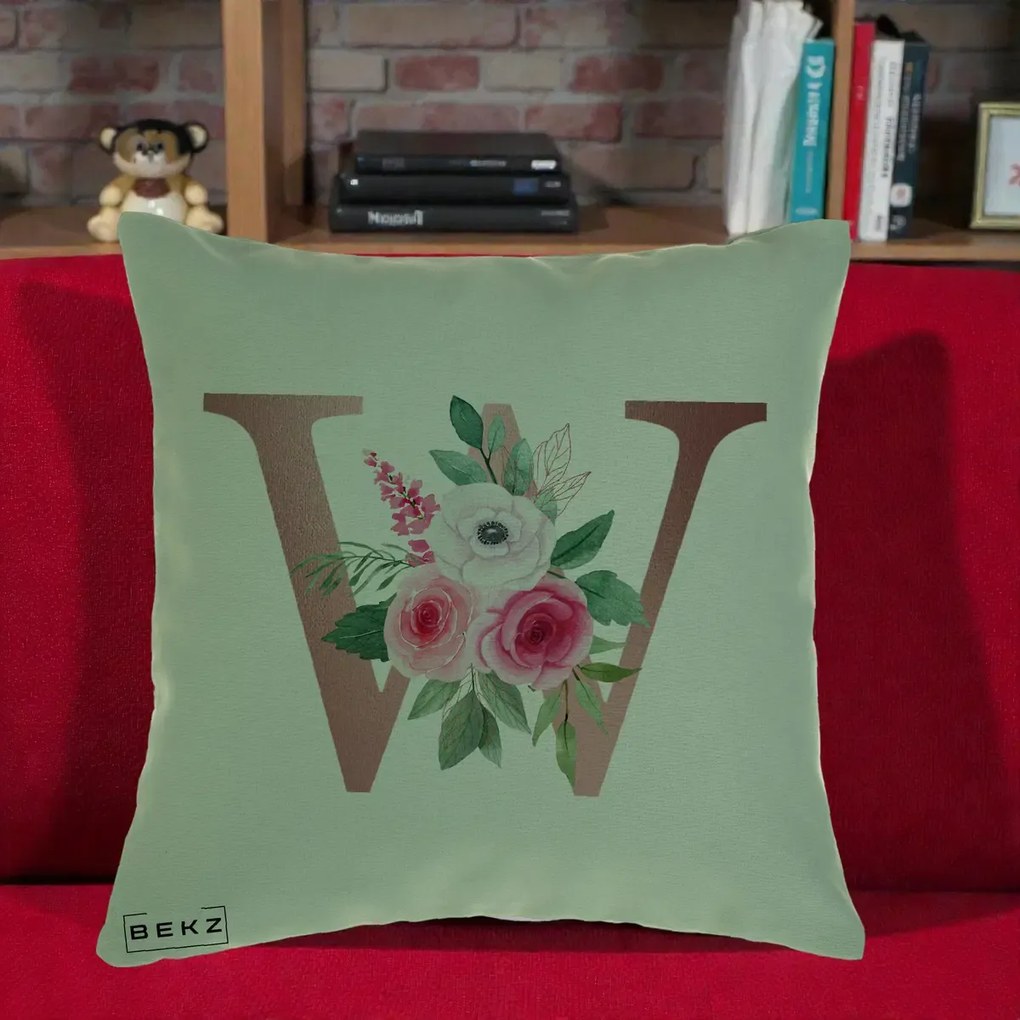 Cadou Personalizat - Perna Personalizata Monograma Rose Gold Litera W cu Trandafiri si Anemona, 40x40 cm, Verde, Husa Detasabila, Perna Inclusa, BEKZ®