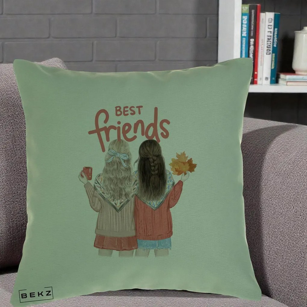 Cadou pentru Prieteni - Perna Personalizata Best Friends Toamna, 40x40 cm, Verde, Husa Detasabila, Perna Inclusa, BEKZ®