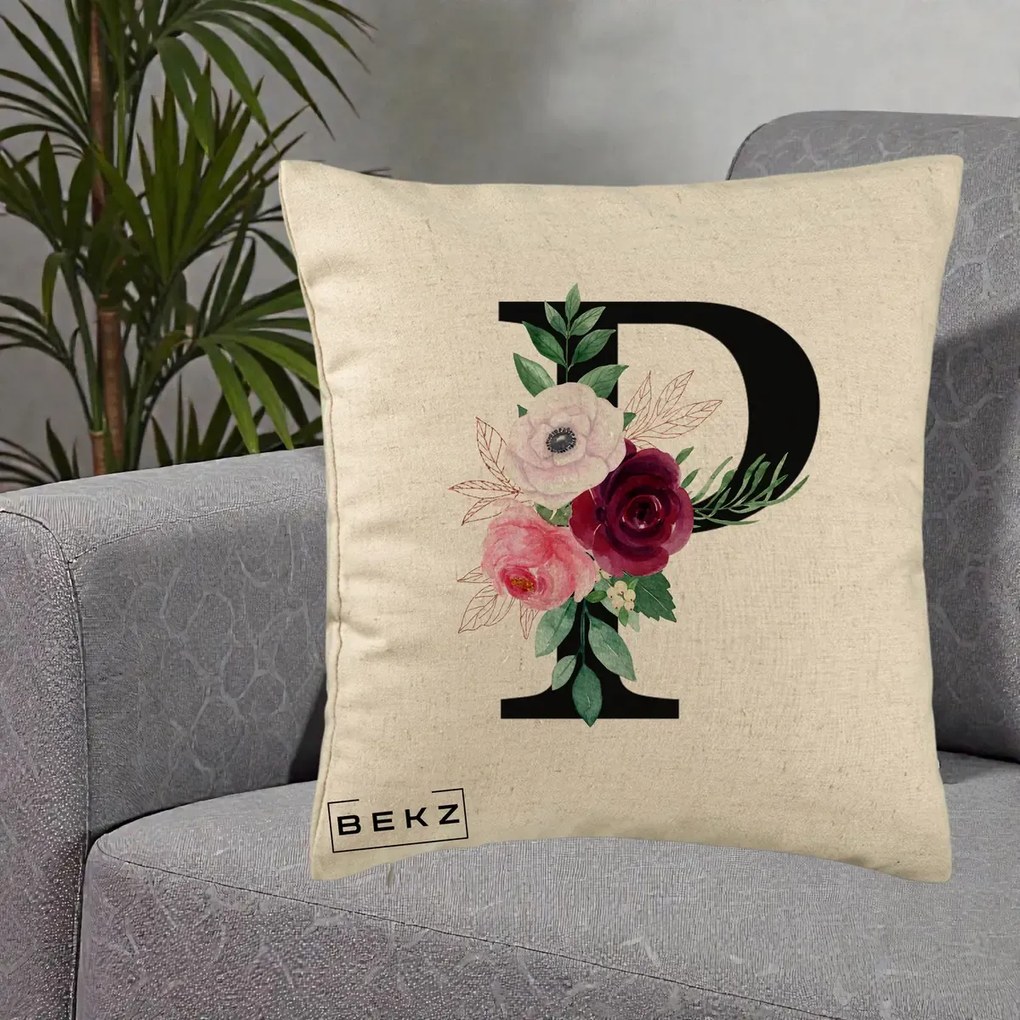 Cadou Personalizat - Perna Personalizata Monograma Florala Litera P, 40x40 cm, Bej, Husa Detasabila, Perna Inclusa, BEKZ®
