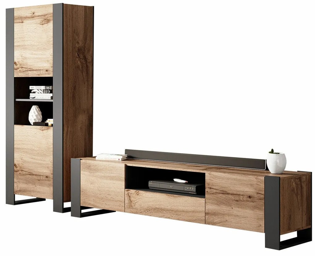Set camera de zi Charlotte D103Antracit, Wotan stejar, Părți separate, Cu comodă TV, PAL laminat, 171x43cm, 107 kg