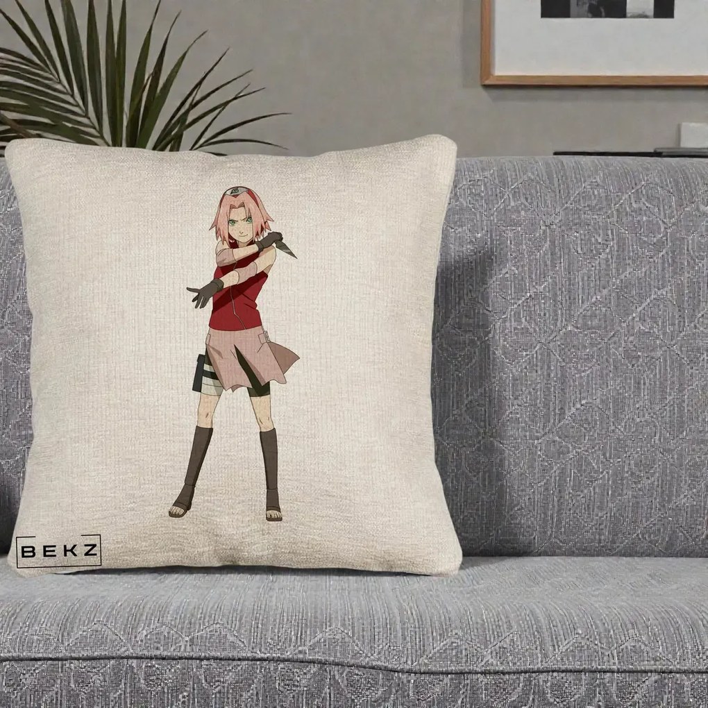 Perna Personalizata Naruto Sakura Haruno Portret, 40x40 cm, Bej Canapea, Husa Detasabila, Perna Inclusa, BEKZ®