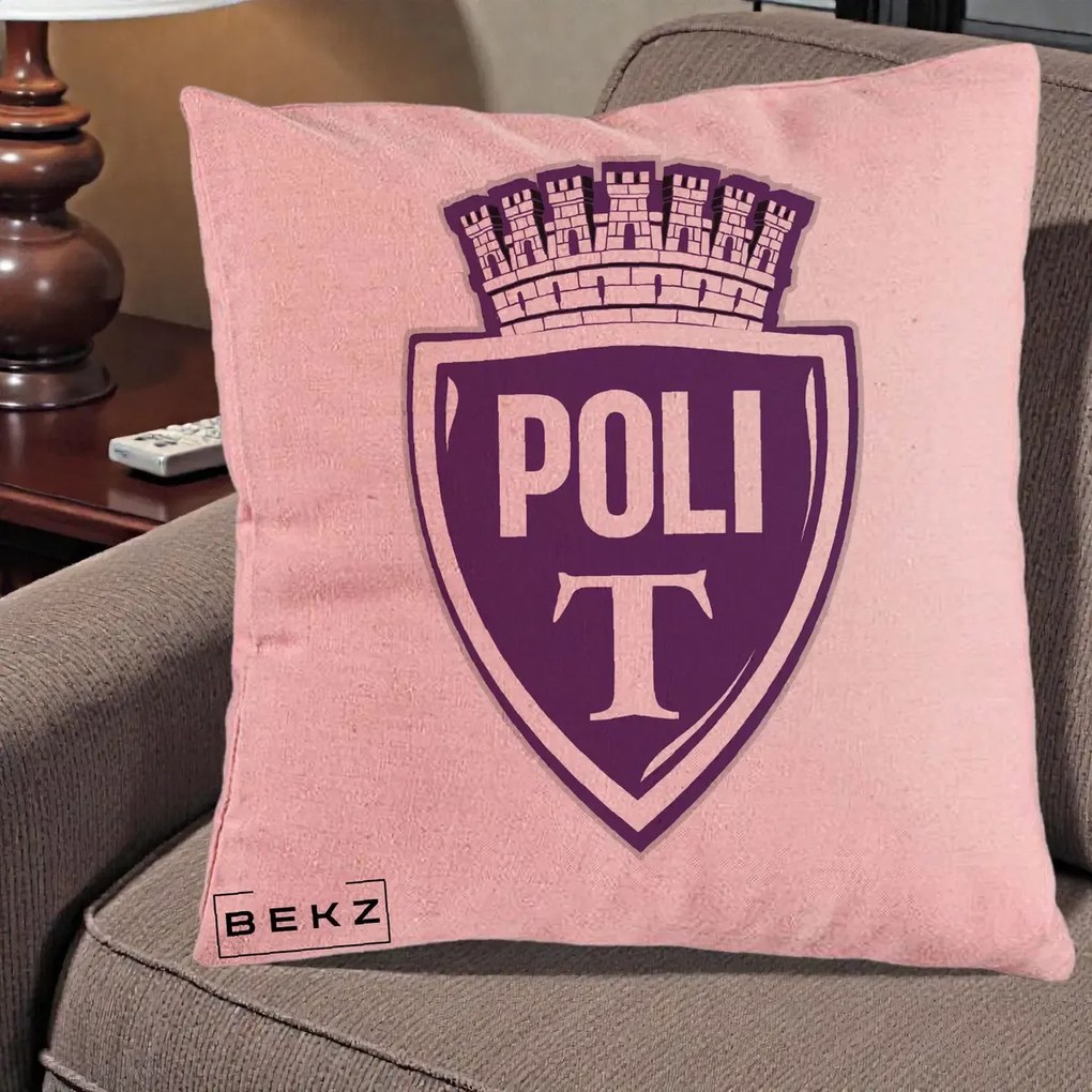 Perna Personalizata Poli Timisoara Fotbal, 40x40 cm, Roz, Husa Detasabila, Perna Inclusa, BEKZ®
