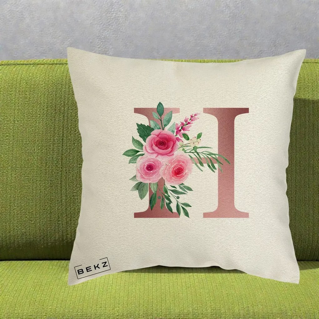 Cadou Personalizat - Perna Personalizata Monograma Rose Gold Litera H, 40x40 cm, Ecru, Husa Detasabila, Perna Inclusa, BEKZ®